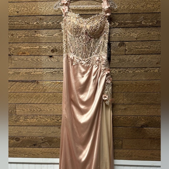 EMBROIDERED OFF SHOULDER CORSET SLIT GOWN BY ADORA 3132 in Champagne - Picture 2 of 8